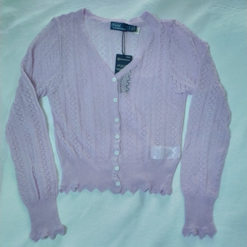 Polo Ralph Lauren Lacey Knit Pink Cardigan, Wool  NEW
